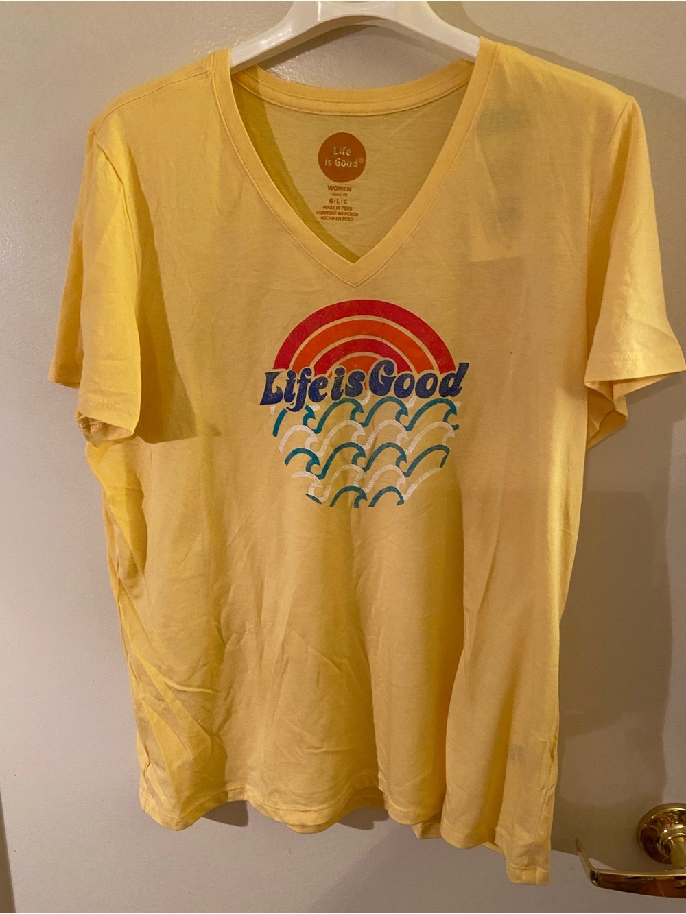 Life Is Good Peach/Yellow V-Neck Women's Tee with Logo Print